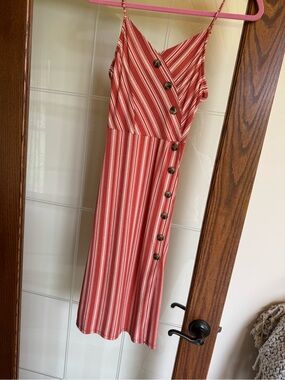 Striped Red Button-Front Sundress with Spaghetti Straps